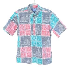 VTG Reyn Spooner Reverse Print Nautical Sailboat Colorblock Popover Med FLAW